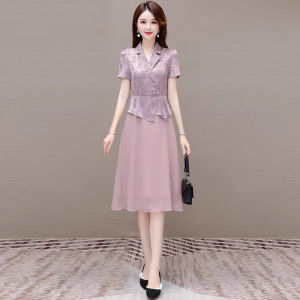 MAIMEI | Elegant Formal Occasion Shawl Collar Chiffon Cheongsam Dress Summer High Rank Lady Fake Two-Piece Set Dress Middle Waist Short Sleeve