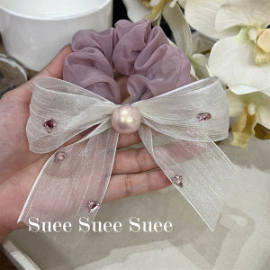 ริบบิ้นยางยืดทรงกลมปมผีเสื้อผ้าตาข่ายเนื้อนุ่ม ปมลูกปัดขนาดใหญ่ ทรงมน ดีไซน์สไตล์ป่า เครื่องประดับผมแฟชั่น