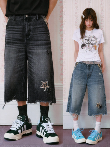 MEDM | Leopard Print Color Block Denim 7/8 Length Jeans Casual Straight Trousers
