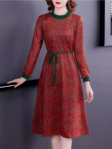 Fashionable High-End Printed Long Sleeve Dress Womens Autumn New Style Youthful Waist-Cinching Belted Elegant Skirt