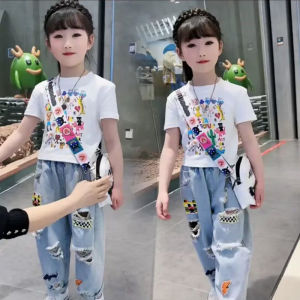 Bộ Đồ Thể Thao Mùa Hè Cho Bé Gái Quần Jeans Denim Rách Thời Trang Bộ Đồ Hai Mảnh Áo Thun Tay Ngắn Quần Áo Trẻ Em