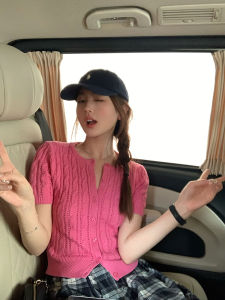 Slim Fit Short Sleeve Knitted Cardigan Top Hollow out Design Summer New Style Korean Version College Style Bubble Sleeve T-Shirt