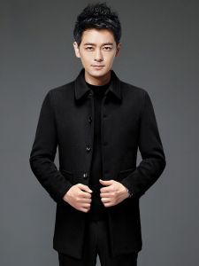 Lormen Mens Woolen Coat Winter Thickened Medium Length Casual Business Suit Jacket Polyester Wool Blend Single Button Closure