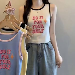 THE ONE กล้ามครอป เสื้อกล้ามน่ารัก กุ้นขอบสี หวานน่ารัก ลอยเอว สไตล์ y2k