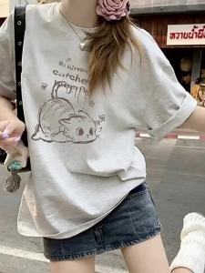 SUSHOUWANGE | White Gray Cat Print Cotton T-Shirt