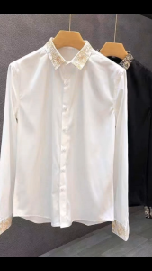 Embroidered collar Slim fit Plain Long sleeves Shirt Fashion Casual Lapel Top M-3XL