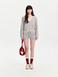 Relaxed Fit Korean Style Knitted Set Striped Short Pants Floral Cardigan