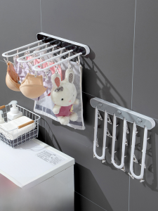 Foldable Multi-Purpose Wall-Mounted Clothes Drying Rack No-Punching Required Small Size with Multiple Socks Drying Clips Bathroom Organizer