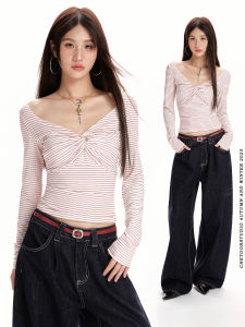 Red Stripe Knot V-Neck Long Sleeve Womens T-Shirt Slim Fit Short Style Fashionable Inner Wear Base Shirt Trendy Top