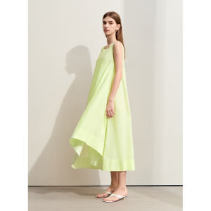Amii Summer New round Neck Sleeveless Asymmetrical Long Cotton Loose A-Line Dress Womens Simple Style mid Waist Skirt