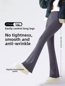 High Waist High Rise Fleece Lined Sharkskin Pants Womens Outerwear Spring Autumn Bell Bottom Trousers Casual Nylon Fabric