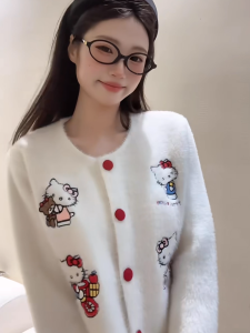 Áo Len Cardigan Dệt Kim Màu Trắng Kitty Cho Nữ Dáng Rộng Thoải Mái Phong Cách Hàn Quốc Đầu Thu 2025 Áo Khoác Ngoài Mềm Mại