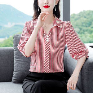 WOUEY เสื้อผู้หญิงเสื้อชีฟองที่มีคุณภาพสูงชุดฤดูร้อนของผู้หญิงสไตล์ใหม่แขนสามส่วนเสื้อเชิ้ตตัวเล็กหลวมทันสมัยและหลากหลายแม่ด้านบน