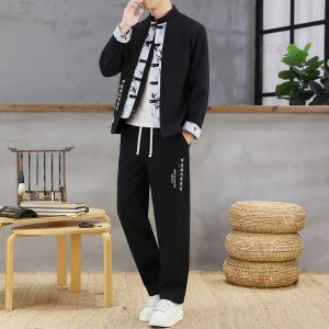 New Chinese Style Casual Set Mens Jacket Mandarin Collar Buttoned Placket Print Slim Fit Outfit