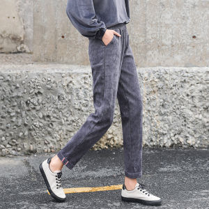 กางเกงขายาวทรงตรงเอวสูงผ้ายืดคอร์ดูรอยสีดำ กางเกงขายาวทรงหลวมสำหรับผู้หญิง กางเกงขายาวทรงตรงสำหรับฤดูใบไม้ร่วงและฤดูหนาว