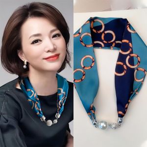 XMUXCOLO Magnetic Buckle Silk Scarf Summer Necklace Lazy Shawl Thin Version Neck Protector Clavicle Pearl Small Collar Long Strip
