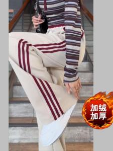 กางเกงวอร์มทรงตรงเอวสูงบุขนแกะหนาสำหรับผู้หญิงในฤดูหนาว กางเกงขายาวทรงตรง 3 แถบ สไตล์อเมริกัน กางเกงขายาวทรงหลวม