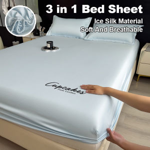 Ice silk Bed Sheet  Queen Size Set Bed Sheet 3 In 1 on sale Letter Embroidery Bed Sheet Pillow Cas Soft breathable Summer Cool feeling Pure color Mattress protector All-inclusive bed sheet  No Lukot No Gusot Hotel Travel Bed Sheet for single bed bedsheet