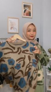 Haruna Sweater Rajut Wanita Oversize / Atasan Wanita Sweater Lengan Panjang Motif Bunga / Sweater Rajut Oversize Koream style Wanita