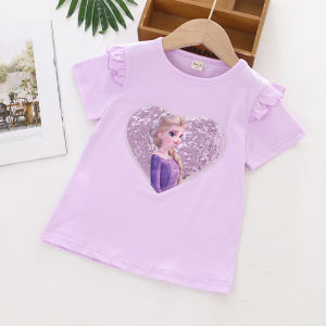 เสื้อยืดแขนสั้นปักเลื่อมลายเจ้าหญิงการ์ตูนคอตตอนแท้สำหรับเด็กผู้หญิงเสื้อคอกลมสไตล์ตะวันตกสำหรับเด็กหญิงเด็กเล็กเด็กเล็กแบบบางสำหรับฤดูร้อน