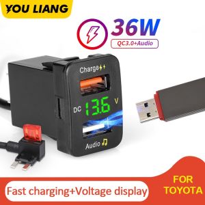 QC3.0 18W Quick Charge Dual Port USB Car Charger with Audio Socket for Series Voltmeter USB Adapter Charging for Mobile