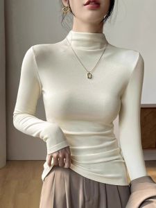 Cherry Blossom Half High Collar Womens Long Sleeve Slim Fit Base Shirt Autumn Winter Fashionable Inner Wear Fleece Brushed T-Shirt Trendy