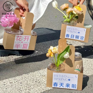 กล่องบรรจุภัณฑ์ดอกไม้กระดาษทรายลายดอกไม้แบบใหม่พร้อมกระเป๋าใส่ของ กล่องดอกไม้แบบมีด้ามจับสำหรับตกแต่งสวนและตกแต่งบ้าน