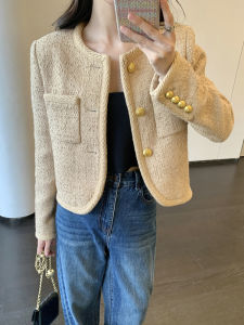 FFmiss Knitted Short Woolen Coat Single Button Womens Autumn Winter Fashion Resin Coloring Process Retro Style round Neck Long Sleeve