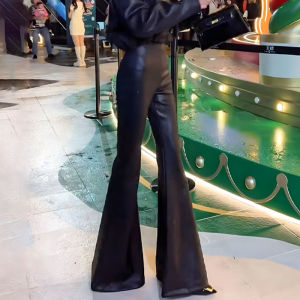 WUQINGWUCAI | Sleek Unique High-Waisted Flared Leather Pants for Women