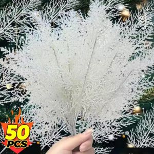 Feelife 50PCS Christmas Artificial Pine Needles White Pine Leaves Xmas Tree Branches DIY Desktop Living Room Faux Plants Wholesale