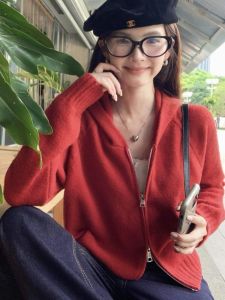 Red Hooded Double Zipper Sweater Cardigan Womens Clothes Early Autumn New Arrival Super Nice Long Sleeves Knitwear Lazy Coat