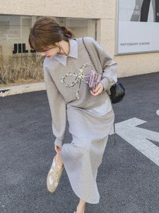 Grey Casual Three-Piece Set Womens Spring 2025 New Shiny Butterfly Knot Hoodie Striped Shirt Half Skirt Ensemble Fashionable