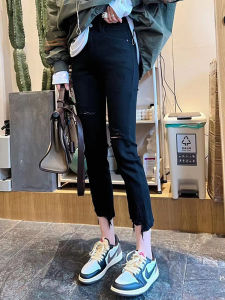 High Waist Slim Fit Straight Leg Denim Jeans & Plus Size Hole Design Pants