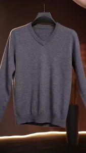100% Pure Merino wool Sweater Mens V-Neck Pullovers Knit Large Size Cashmere Fall Winter New Long Sleeve High-End Jumpers Tops