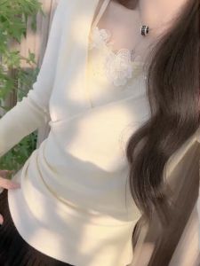 Korean Style Pure Desire Strap Knitted Top Womens Slim Fit Base Layer Shirt Floral Splicing Fashionable Underwear T-shirt