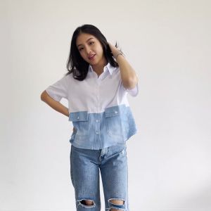 QUEENTIN Kemeja Wanita Kombinasi 0547 Katun Twill Mix Baby Denim Jeans Lengan Pendek