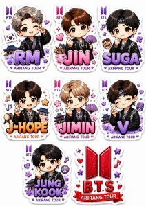 Arirang BTS WORLD TOUR 3D effect Waterproof Stickers Fanmade BTS Chibi stickers A5 size in Black suits cartoon stickers of RM Jin Jimin Suga V Taehyung Jungkook JHope on purple background.