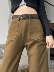 QIAOMIDUO | High Waist Wide Leg Pants Autumn Winter Casual Womens Brown Trousers Thickened Fleece Pocket Long Straight Cut Suit Pants