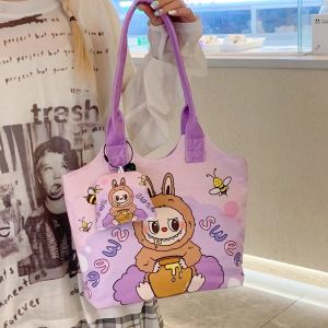 Cute Cartoon Illustration Large Capacity Canvas Shoulder Bag Casual Versatile Student Commuter Tote Bag Soft Handle Zipper Closure