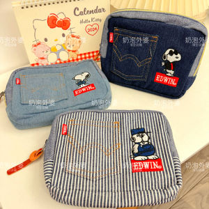Cute Snoopy Dog Embroidered Denim Makeup Bag Handheld Travel Storage Bag Trendy Family Storage Tools Cosmetic Bag