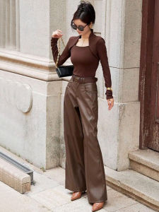 Ultra Soft Womens Wide Leg Pants Set Elegant Small Fragrance Style Top Versatile High Waist Long Straight Cut Polyester Cotton Blend