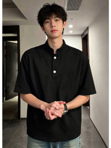 ZHUOCAN | Black Bark Patterned Summer Henley Polo Shirt