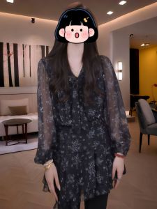 Autumn Lace Slim Fit Floral V-neck Tie Waist Casual Thin Soft Dress Womens 2025 Versatile Loose Style Long Sleeve Commute