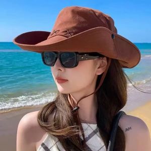 Retro American Western Cowboy Hat Women Summer Outdoor Camping Mountain Hat Large Brim Sun Protection Fishing Cap