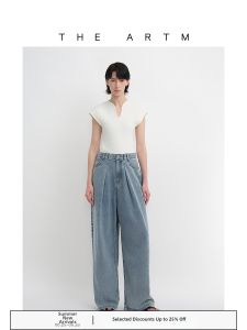 Loose Wide Leg Flared Lyocell Blend Draped Pressed Jeans