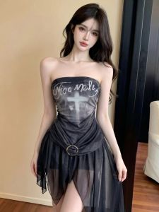 GUZILIAN | Đầm Ngắn Ống Dài In Hình Nối Mesh Dập Hem Không Đều Màu Vintage