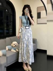 PEIZIXUAN | Đầm Hè Kiểu Trung Quốc Mới In Hoa Xanh