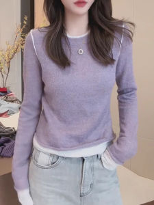 เสื้อสเวตเตอร์ถักแขนยาวสองชิ้นสีบล็อกหวานๆ สำหรับผู้หญิง ทรงเข้ารูป คอกลม แขนยาว ทรงเข้ารูป ฤดูใบไม้ร่วง 2024