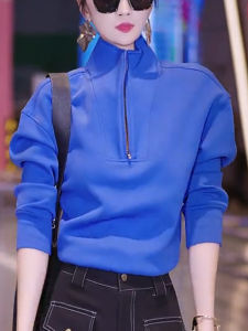 SUOXIMENG | Large Size Blue Hoodie Womens Half Zipper Stand Collar Attention Grabbing Commute Style Fashionable Trendy Versatile Autumn New Arrival