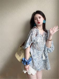 QIAONIAOGE | Blue Ethnic Style Loose Short Sleeve Printed Summer Shirt Artistic Cool Feeling Summer Note Design Casual Comfortable Top